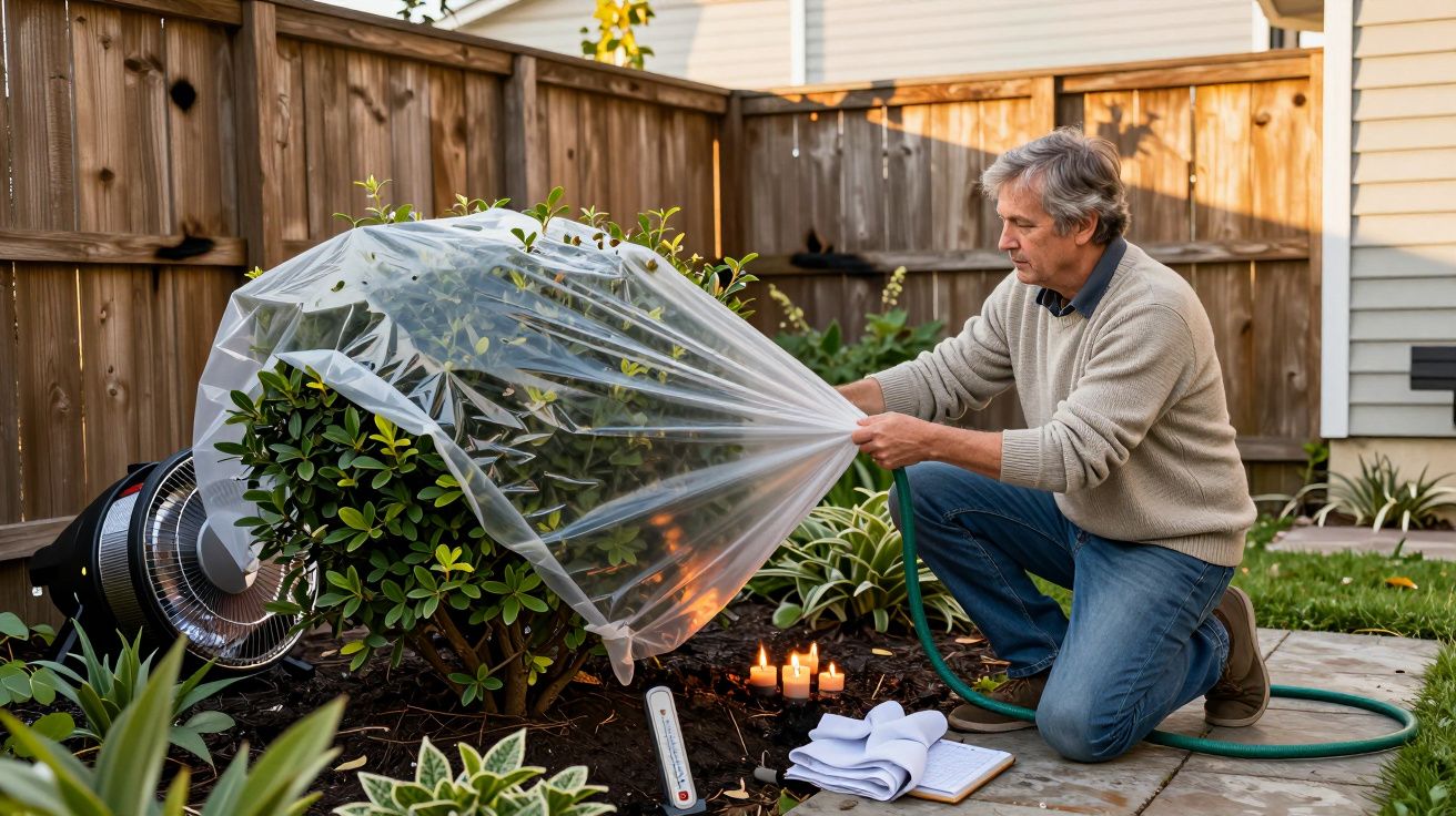 Homem cobrindo arbusto com plástico transparente em jardim com mangueira e velas acesas.