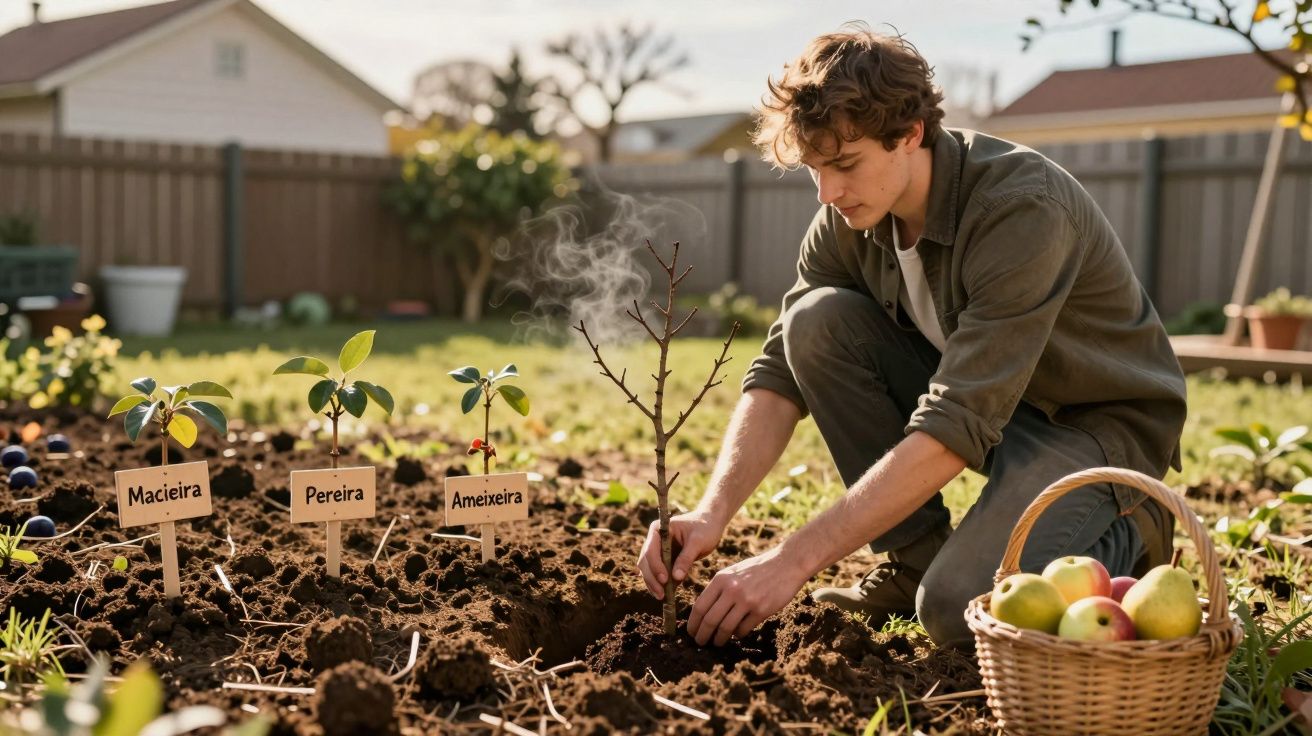 Jovem plantando muda de árvore em jardim, com cesta de maçãs ao lado e placas com nomes das plantas.
