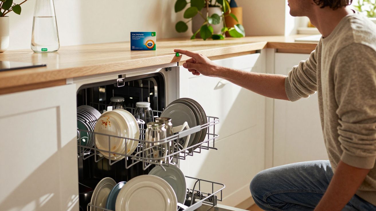 Pessoa colocando tablete de limpeza em lava-louças aberta com pratos e copos em cozinha iluminada.