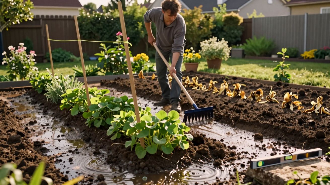 Homem cuidando do solo de uma horta irrigada com ancinho em jardim residencial ensolarado.