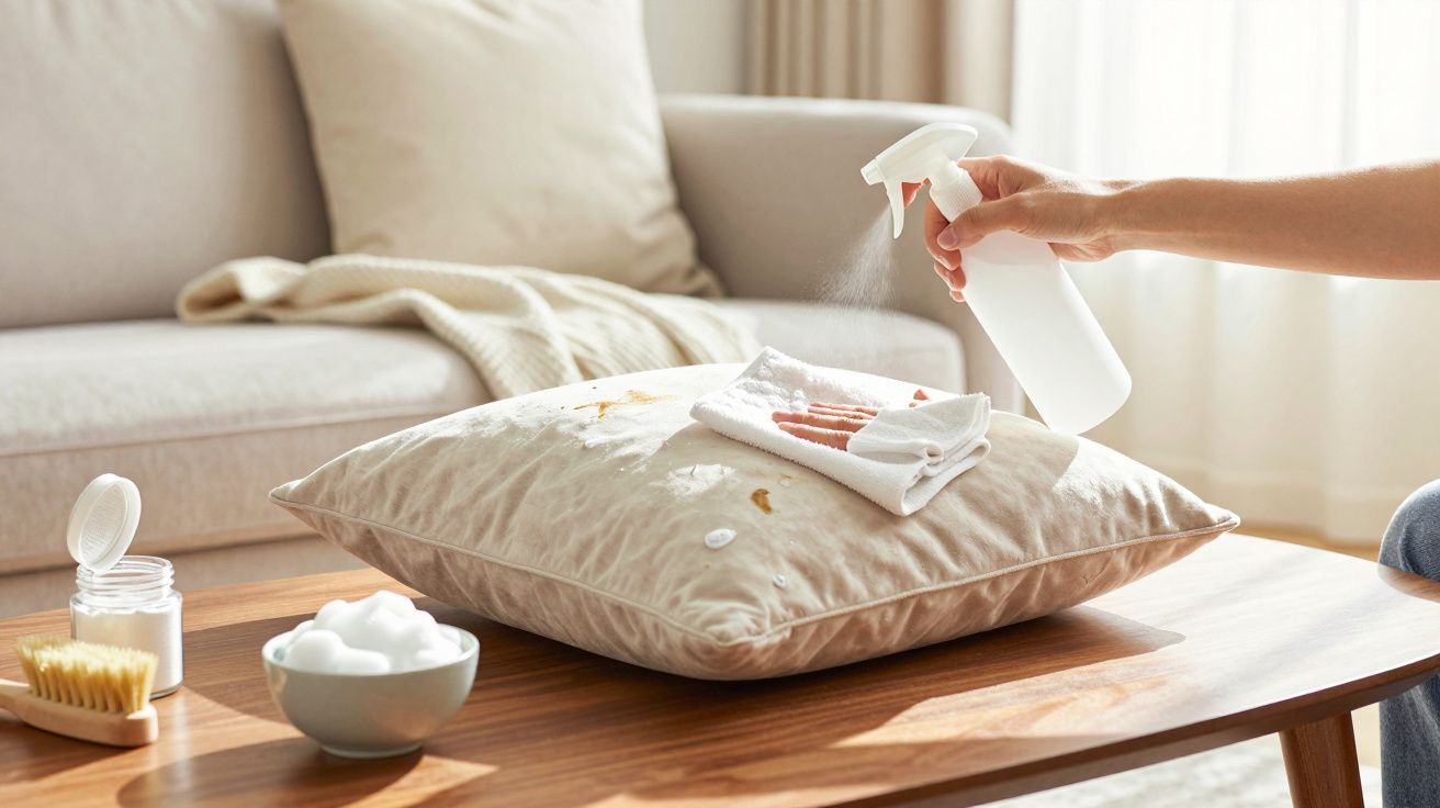 Pessoa borrifando solução para limpar mancha em almofada bege sobre mesa de madeira na sala.