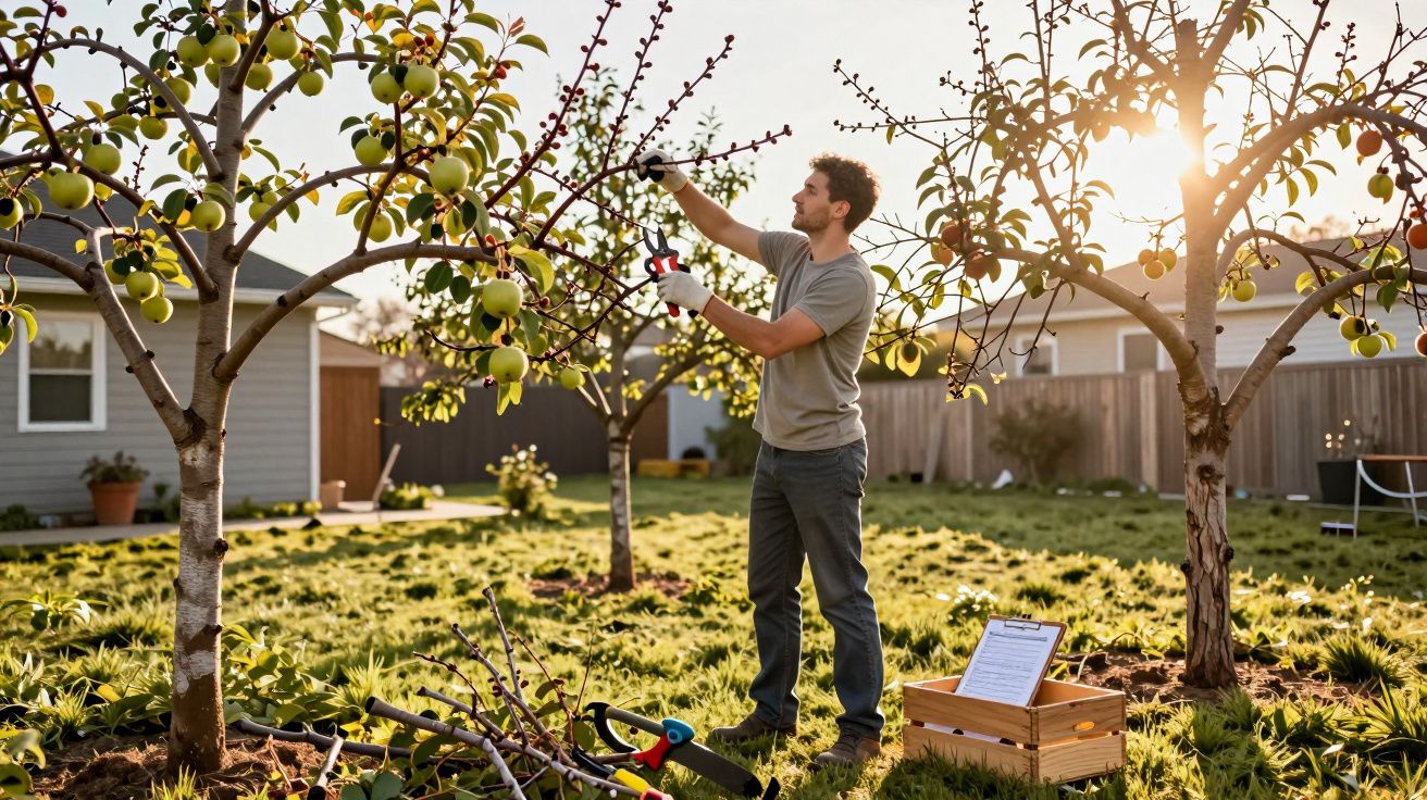 Homem podando galhos de árvores frutíferas em pomar caseiro ao entardecer.