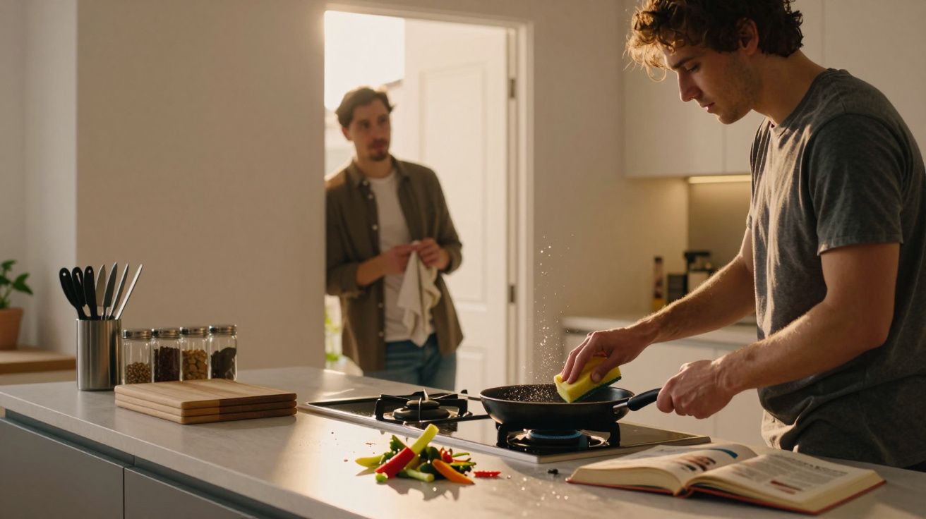 Homem limpando frigideira na cozinha enquanto outro observa ao fundo próximo à porta.