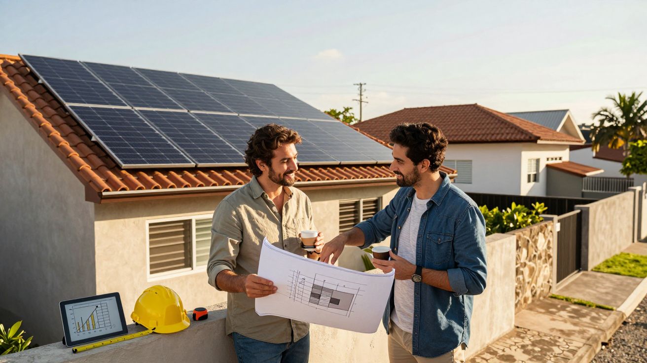 Dois homens conversando com plantas e café na mão em frente a uma casa com painéis solares no telhado.