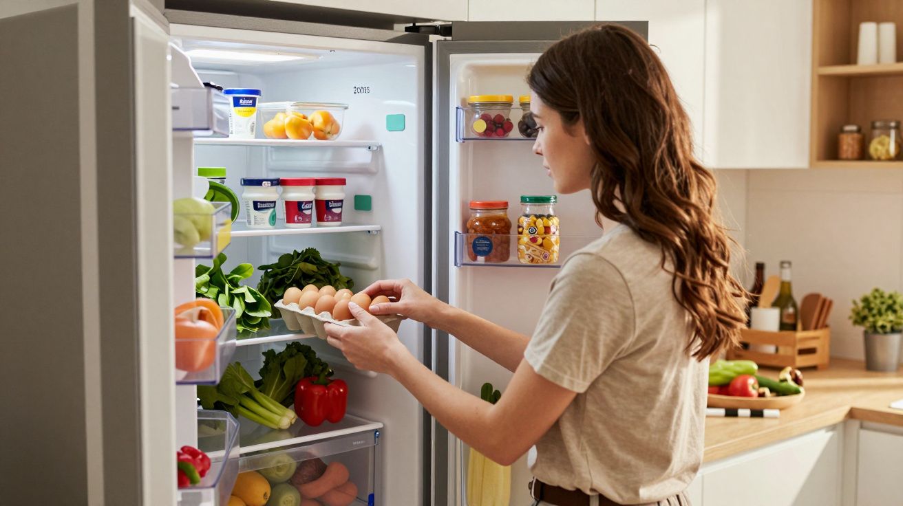 Mulher organizando ovos dentro da geladeira cheia de frutas, legumes e potes na cozinha.