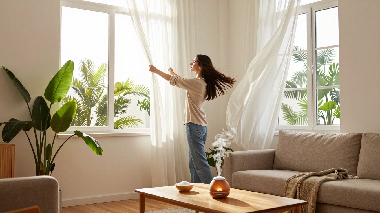 Mulher abrindo cortina em sala iluminada com plantas, sofá cinza e aromatizador na mesa de madeira.