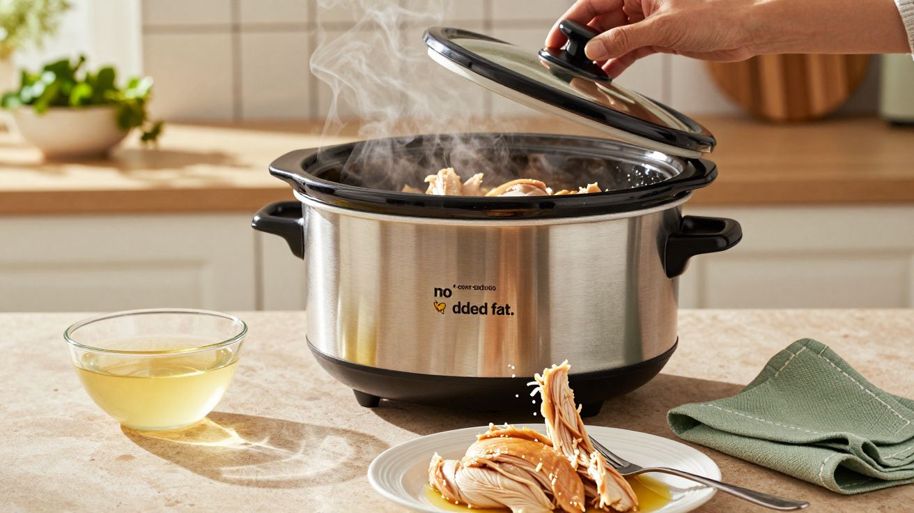 Panela elétrica com frango desfiado cozinhando e vapor saindo, mão levantando a tampa.