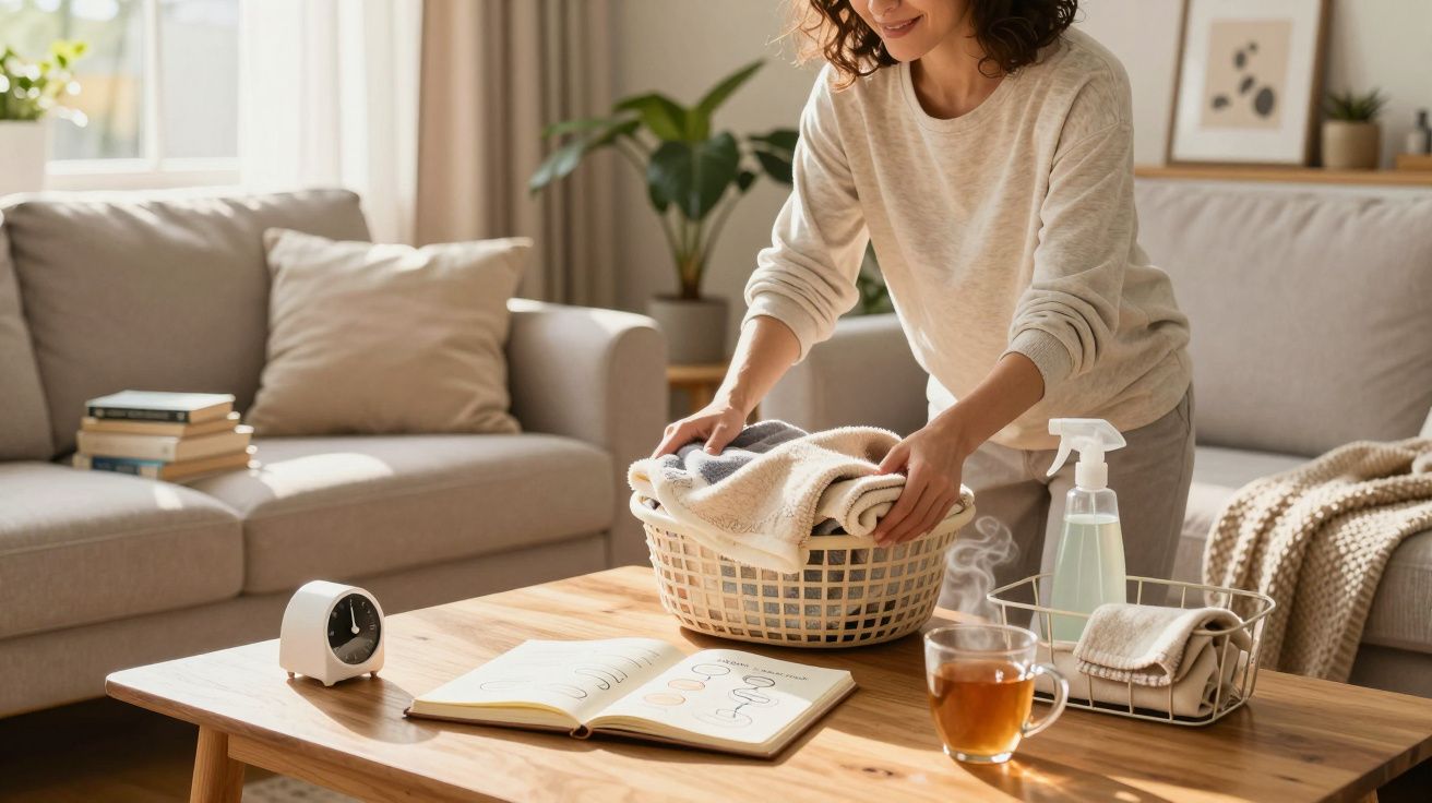 Mulher tirando roupas de uma cesta em sala de estar, com mesa, sofá e xícara de chá.