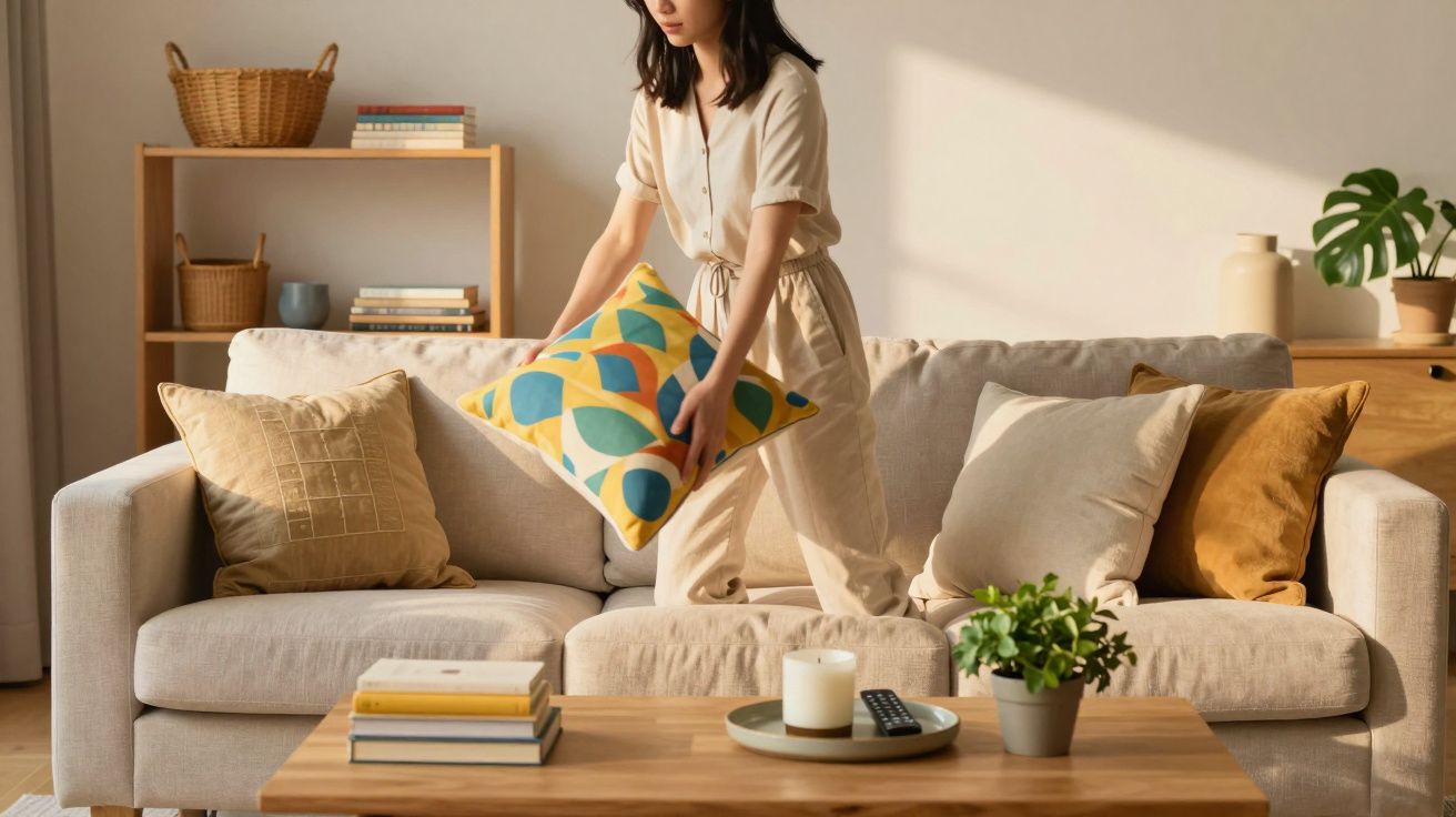 Mulher arrumando almofada colorida em sofá bege em sala iluminada com mesa e prateleira ao fundo.