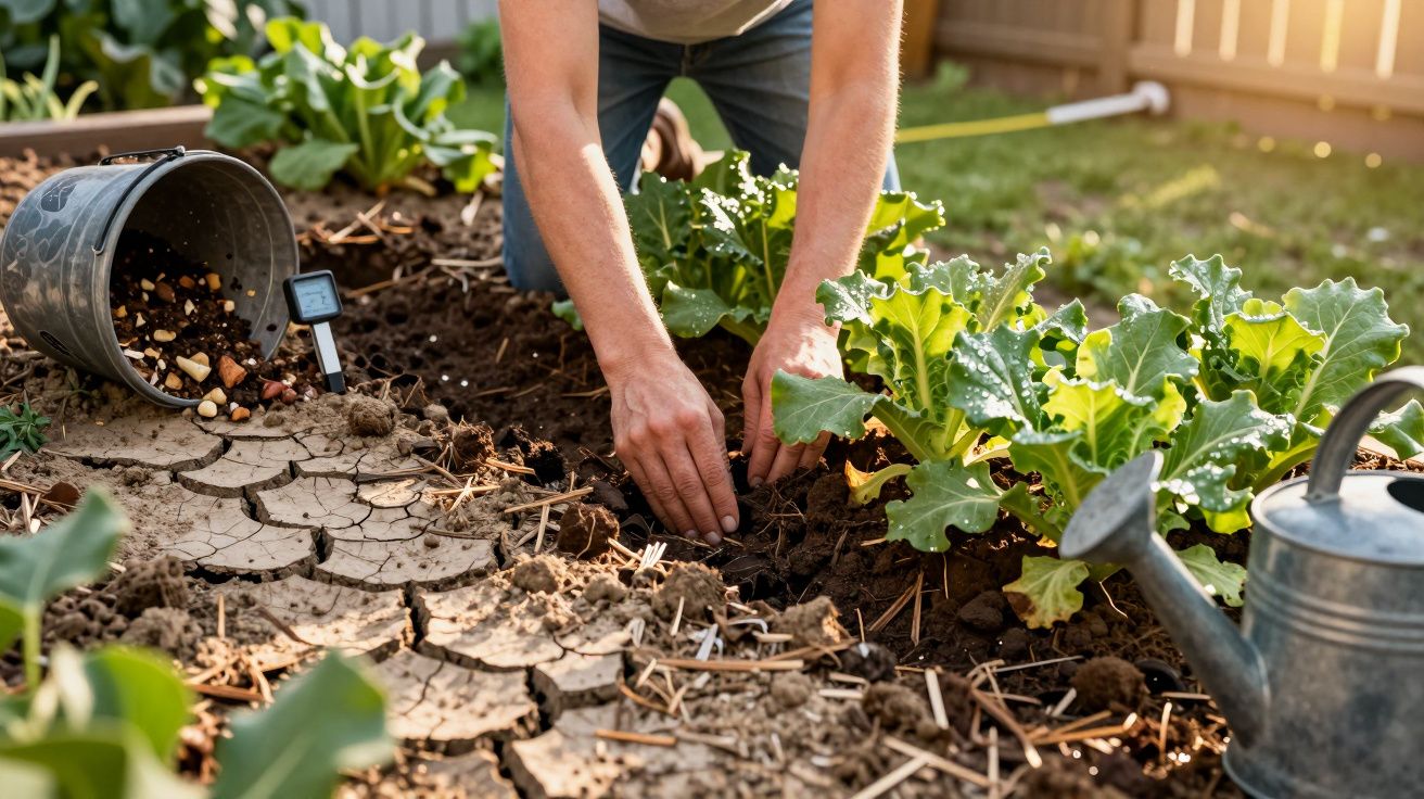 Pessoa plantando mudas em horta caseira com regador e solo seco ao lado em ambiente externo.