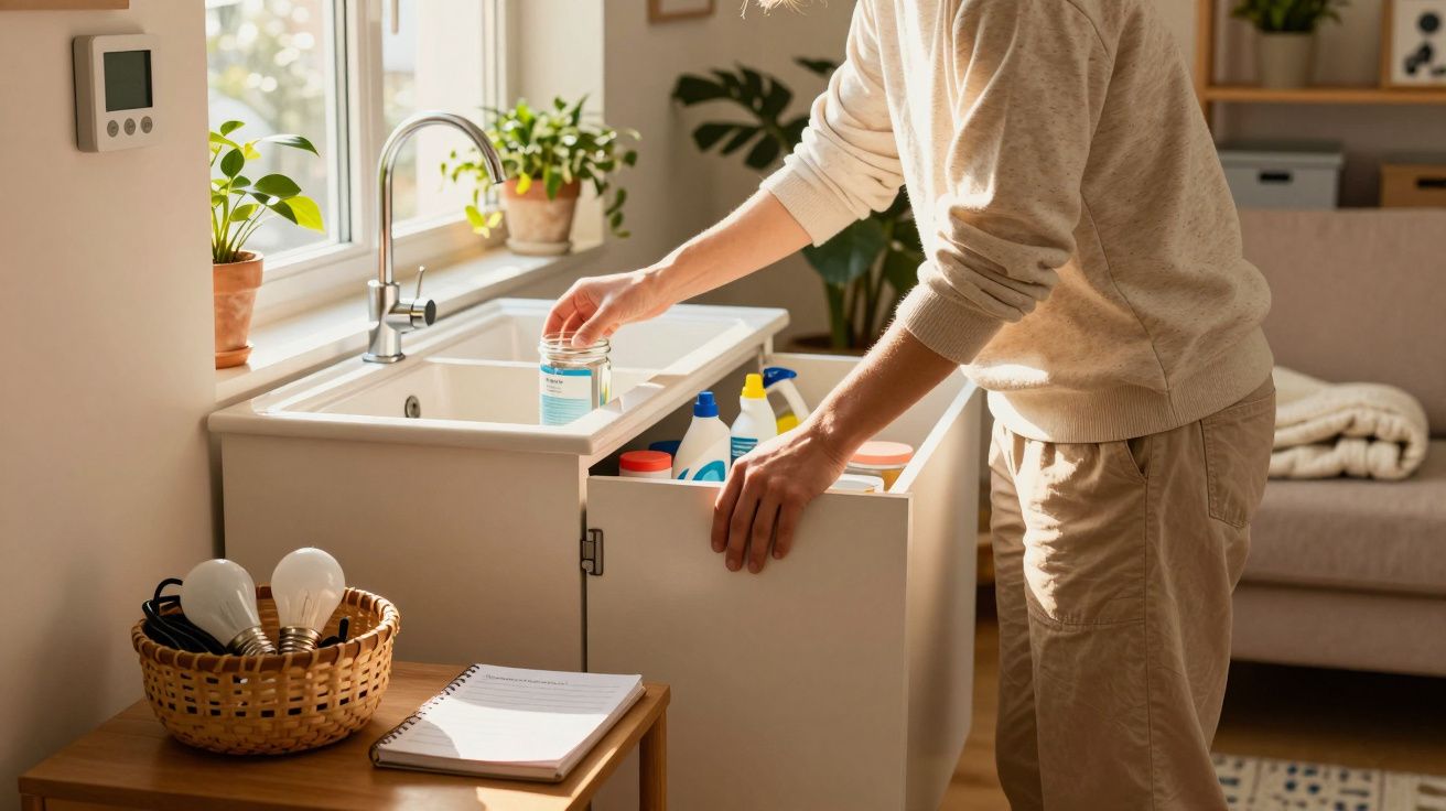 Pessoa organizando produtos de limpeza em armário de cozinha iluminada pela luz do dia.