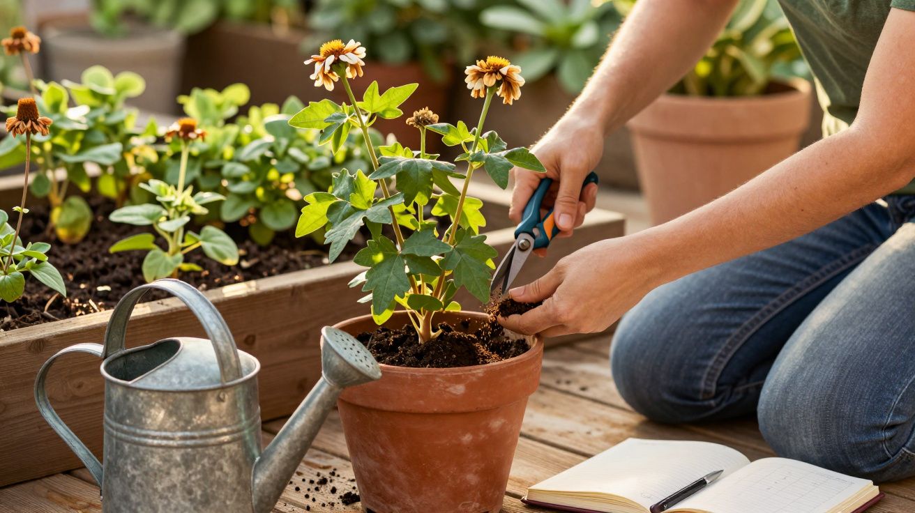 Pessoa cuidando de planta com flores em vaso de barro, jardim e regador ao lado, com caderno aberto próximo.