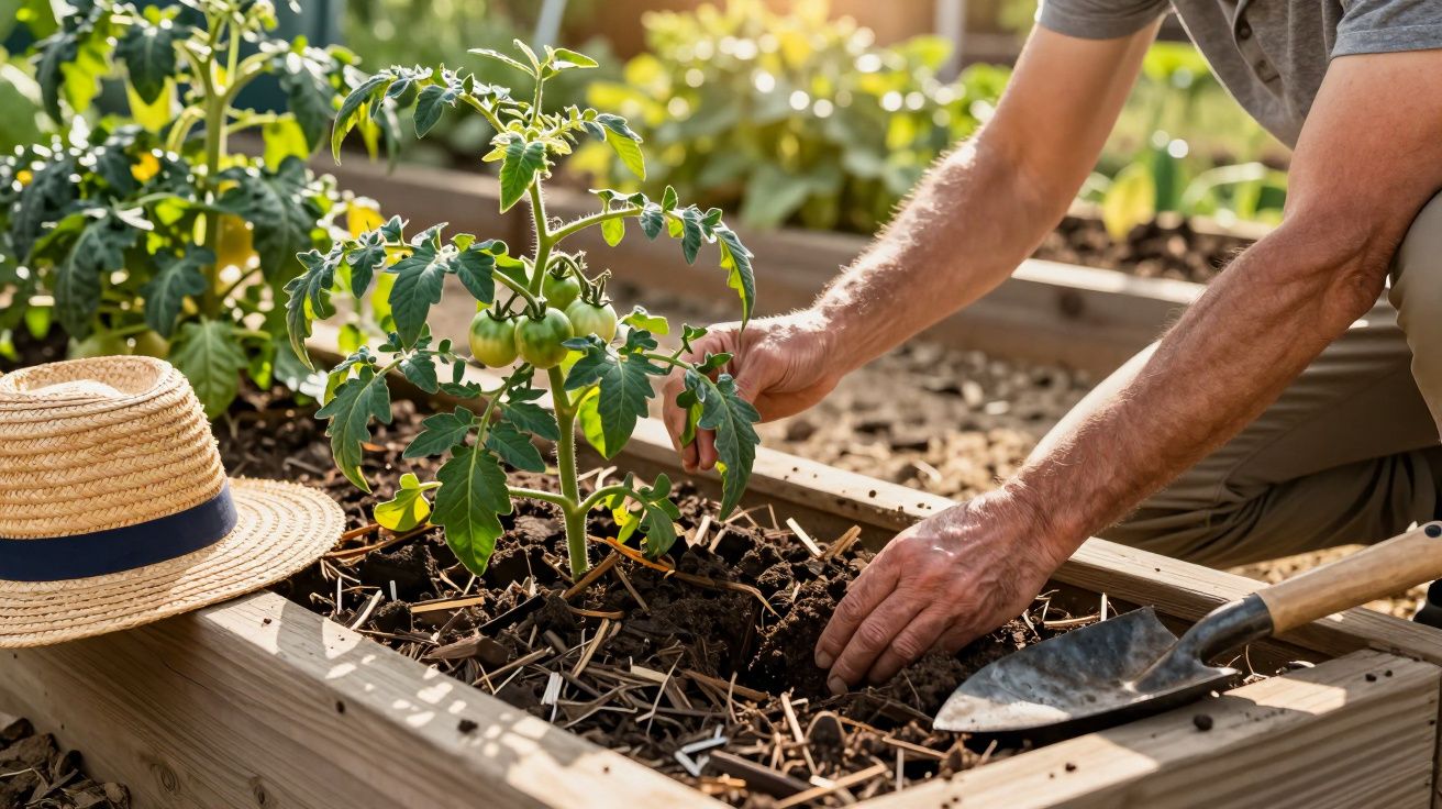 Pessoa cuidando de planta de tomate em canteiro de madeira com chapéu de palha ao lado e pá no chão.