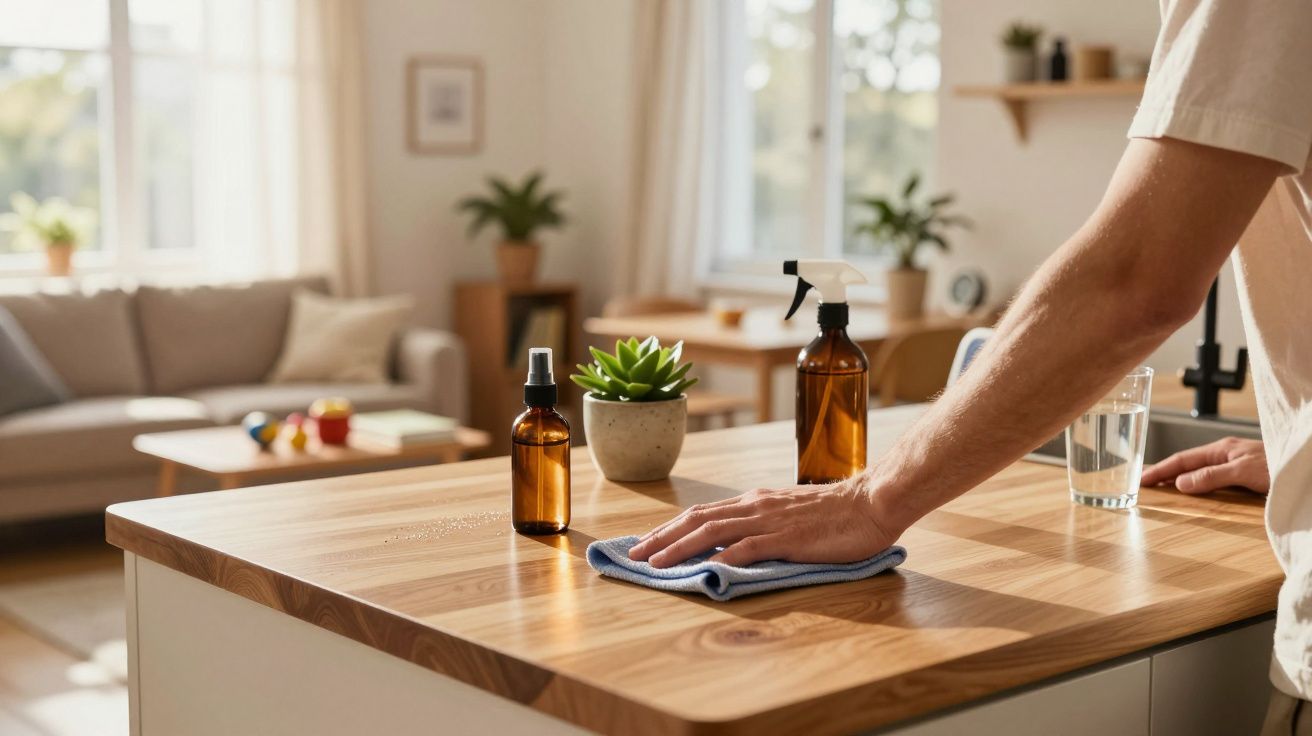 Pessoa limpando bancada de madeira com pano azul em cozinha iluminada e decorada com plantas verdes.