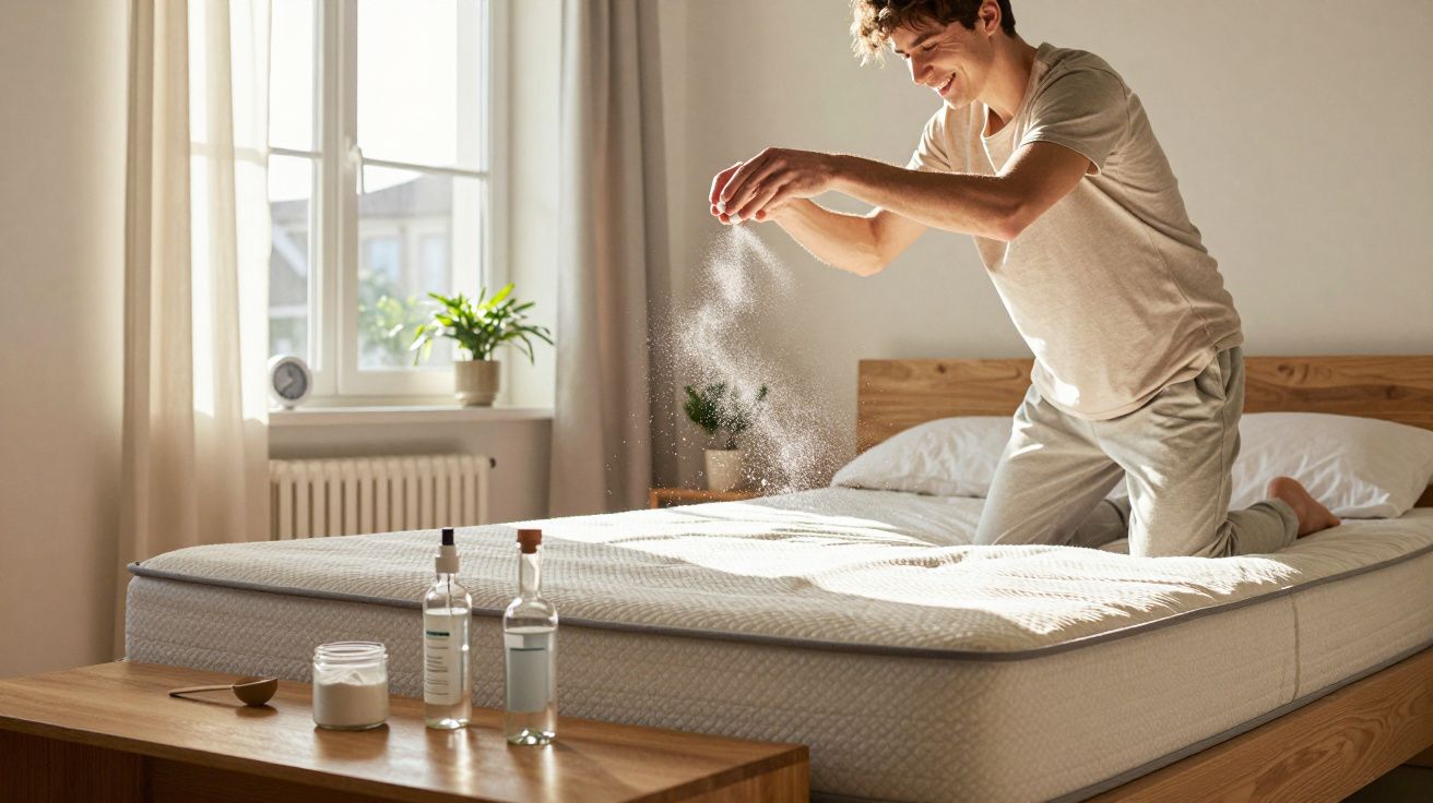 Jovem sorridente aplicando pó sobre colchão em quarto iluminado por luz natural.