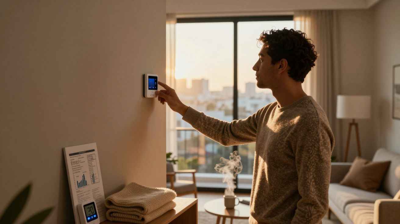 Homem ajusta termostato inteligente em sala de estar com janela ampla ao fundo no pôr do sol.