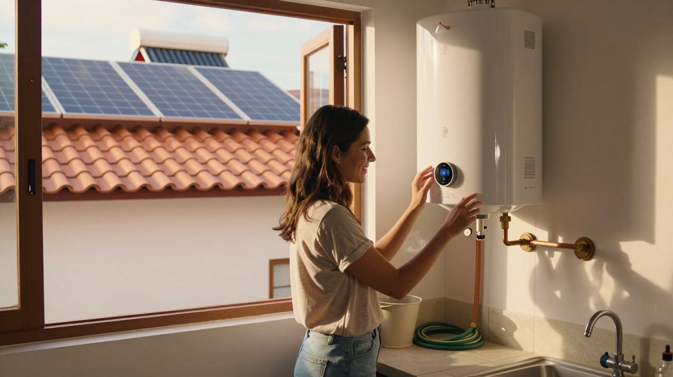 Mulher ajusta aquecedor de parede em cozinha iluminada, com janela aberta e telhado com painéis solares.