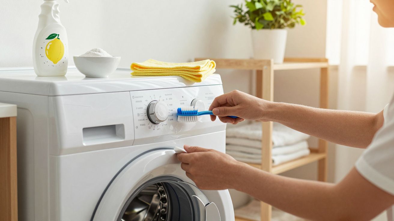 Pessoa ajusta o botão da máquina de lavar roupas branca em ambiente claro e organizado.