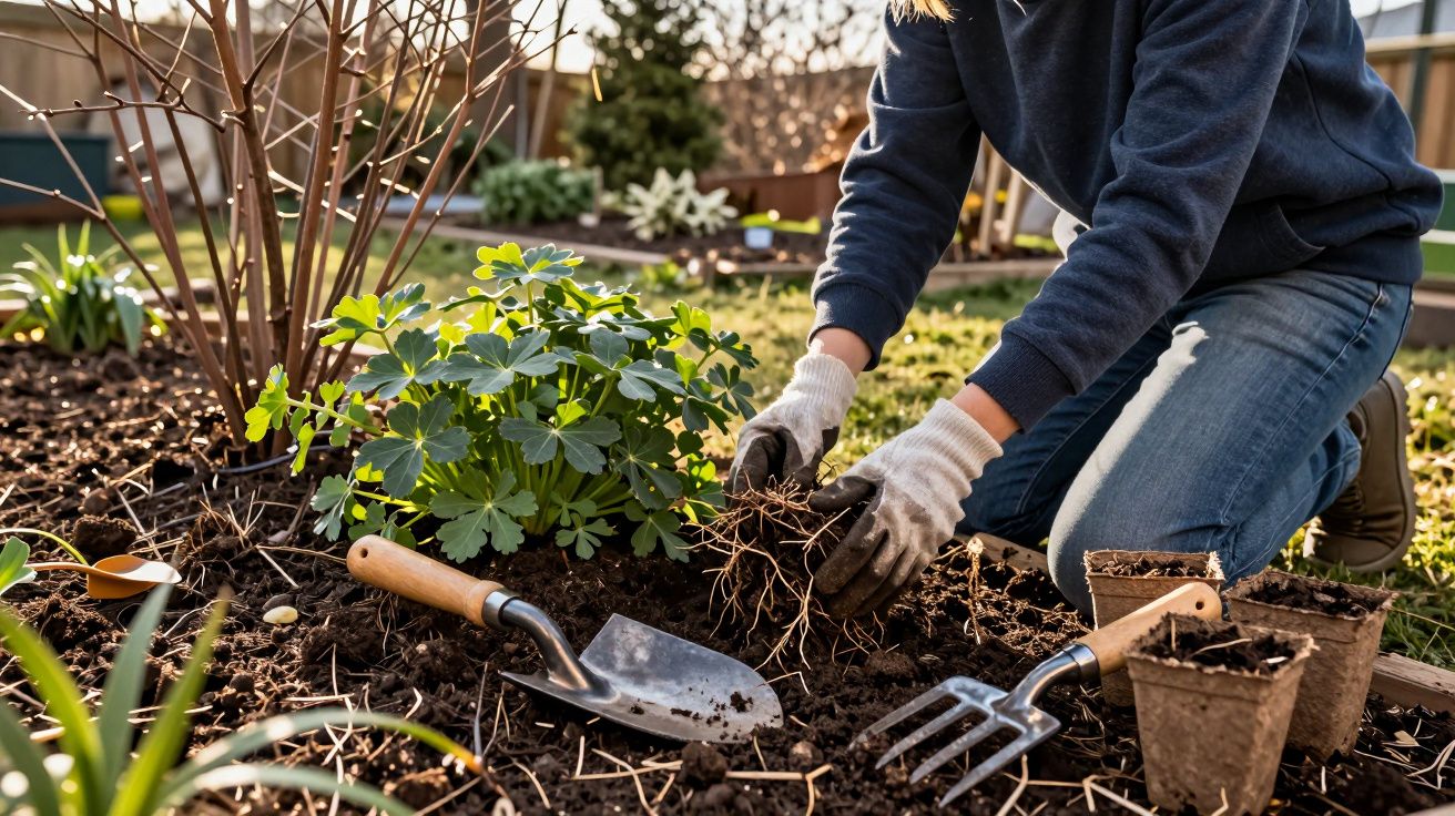Pessoa com luvas transplantando muda em canteiro de jardim com ferramentas de jardinagem ao redor.