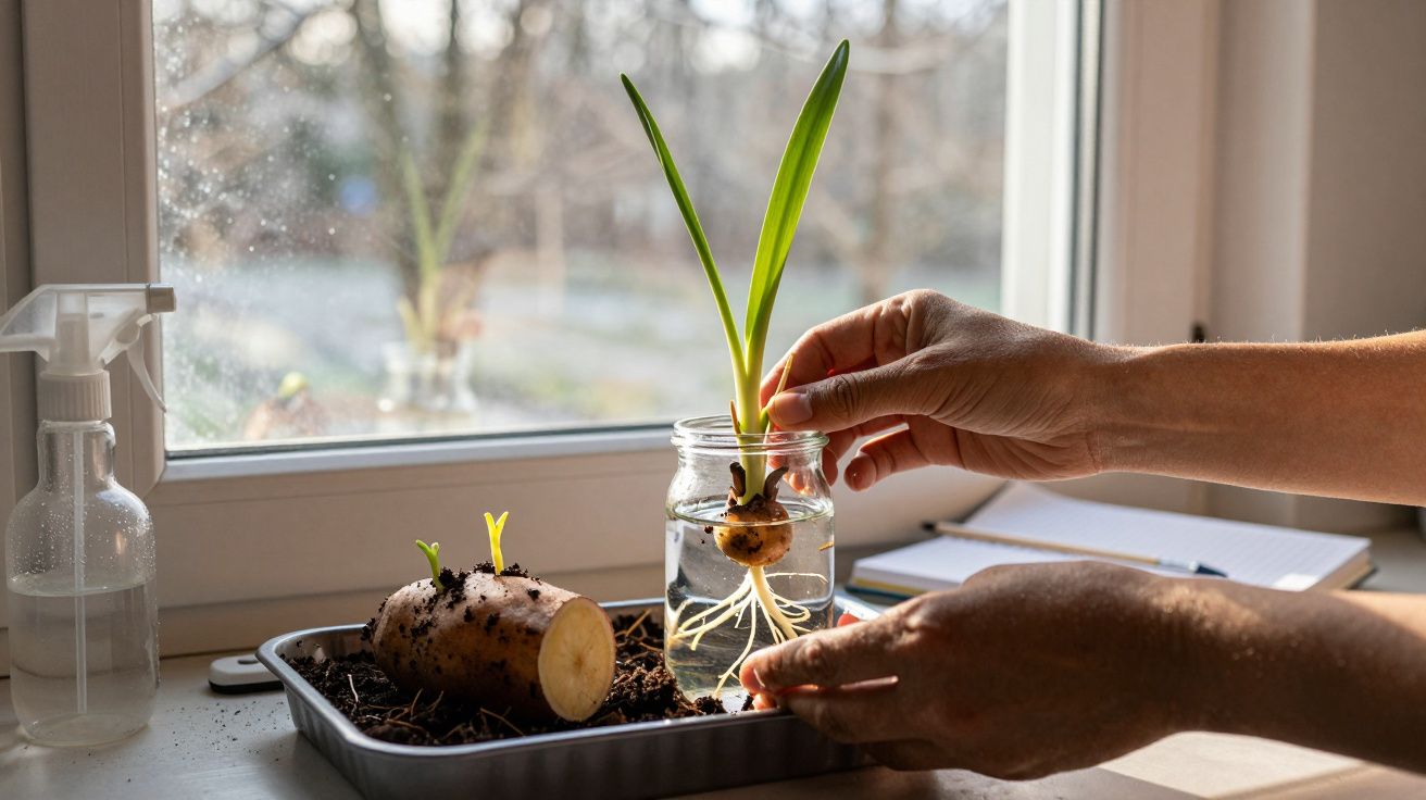 Mãos seguram vaso com planta crescendo em água, ao lado de batata plantada em bandeja com terra na janela.