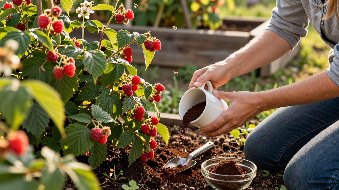 Pessoa regando plantas de framboesas maduras com composto orgânico em jardim ensolarado.