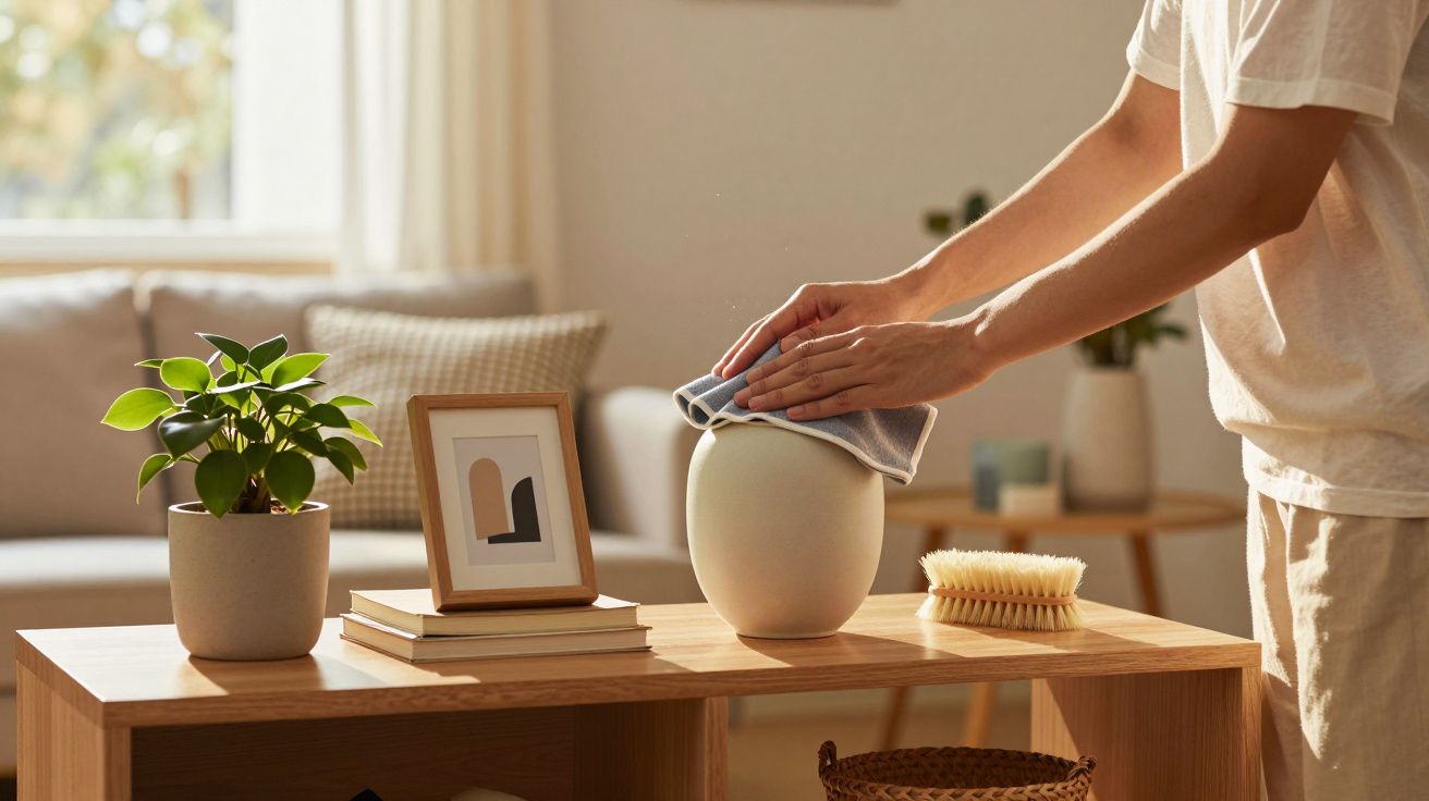 Pessoa limpando vaso branco em mesa de madeira com planta, livros e quadro em sala iluminada pela manhã.