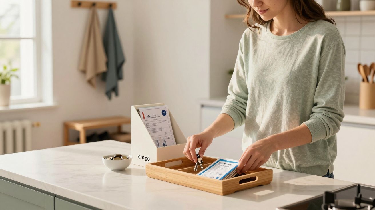 Pessoa organizando documentos em uma bandeja de madeira sobre bancada de cozinha clara.