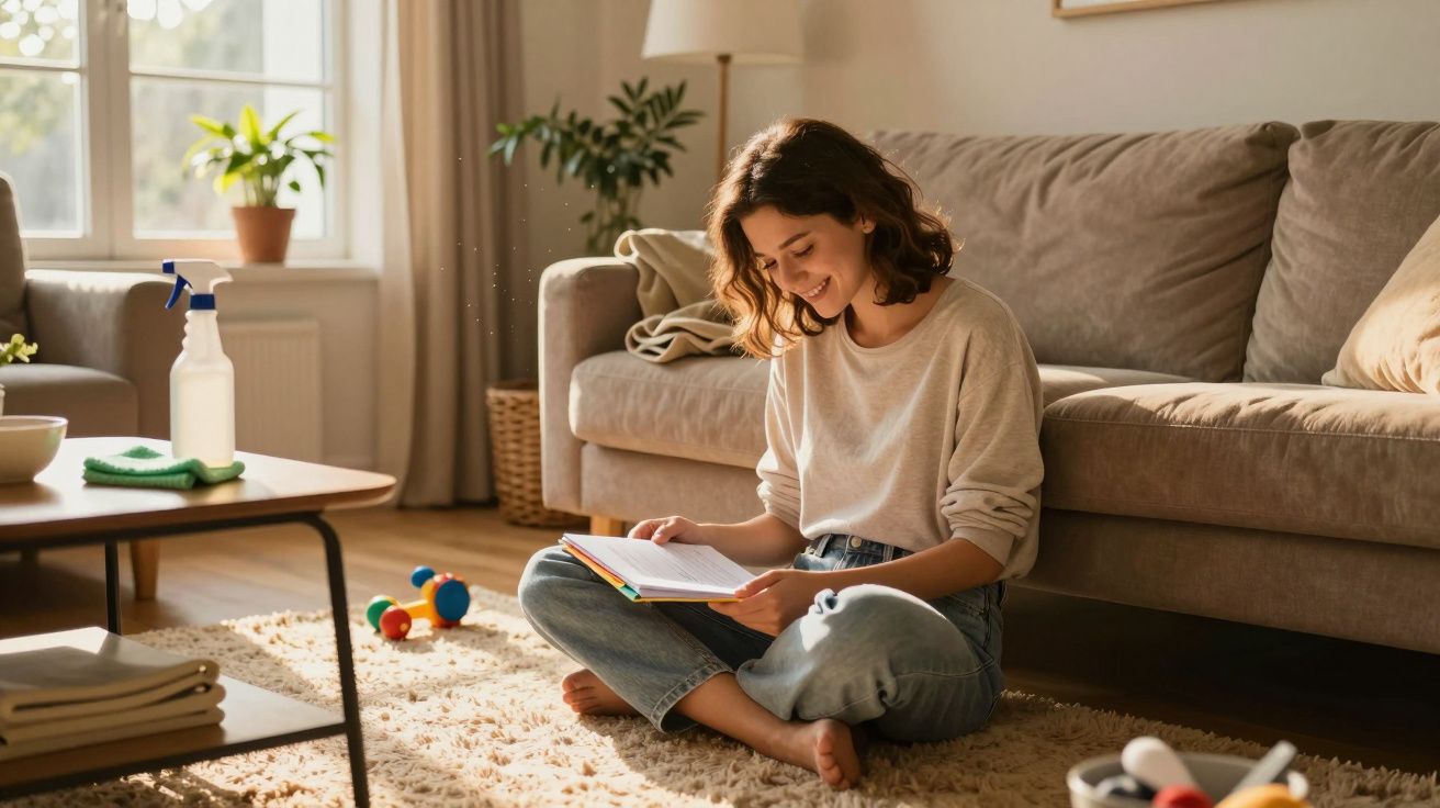 Jovem sentada no tapete da sala lendo um livro em ambiente iluminado e acolhedor.