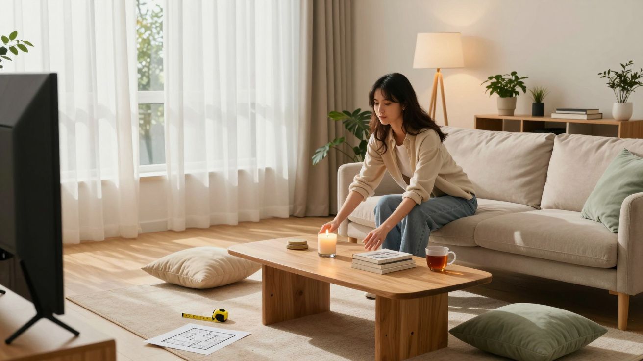 Mulher acendendo vela sobre mesa de madeira em sala de estar iluminada e decorada de forma aconchegante.