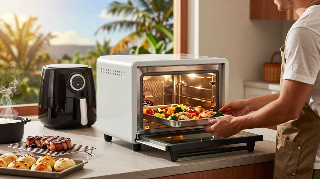 Pessoa colocando assadeira com legumes em forno elétrico compacto na cozinha iluminada.