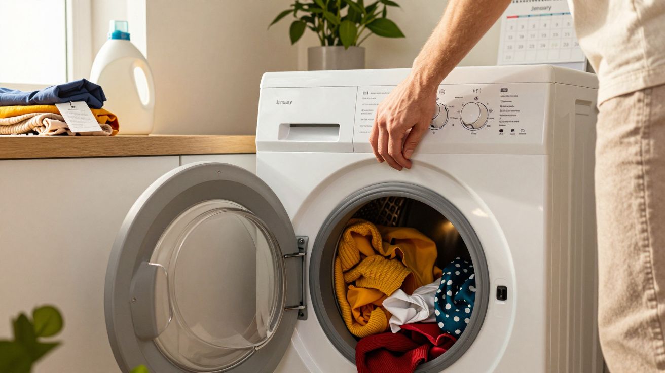 Mão ajustando botão da máquina de lavar roupa branca com roupas coloridas no tambor e roupas dobradas ao lado.