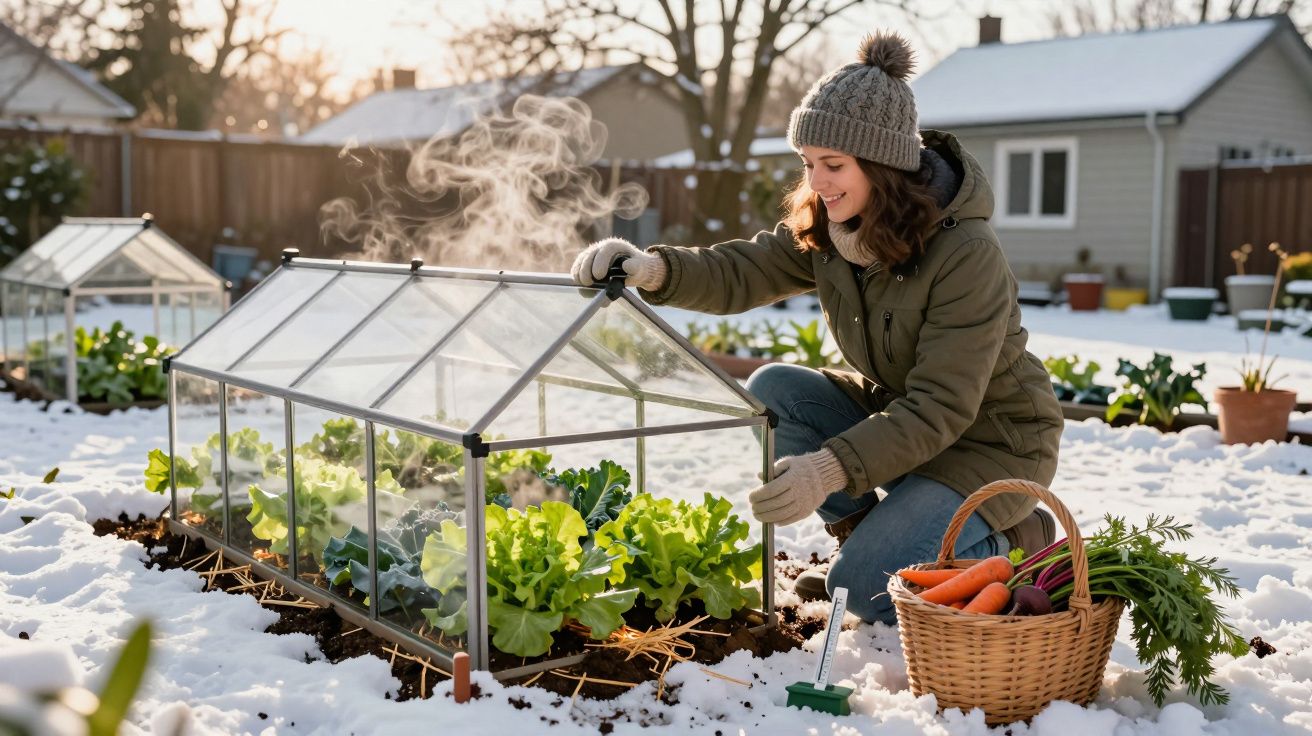 Mulher cuidando de estufa de plantas em jardim coberto de neve com cesta de legumes ao lado.