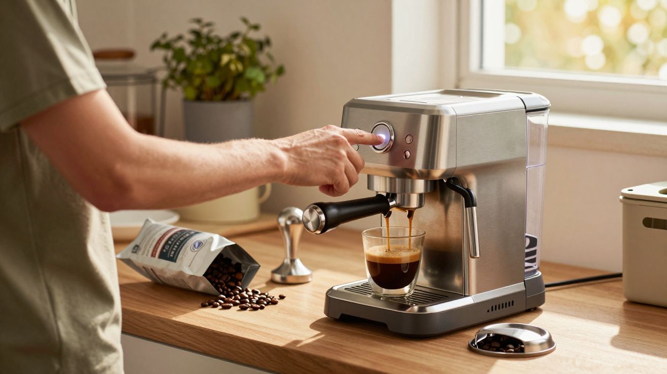 Pessoa usando máquina de café expresso para preparar café em copo de vidro na cozinha.