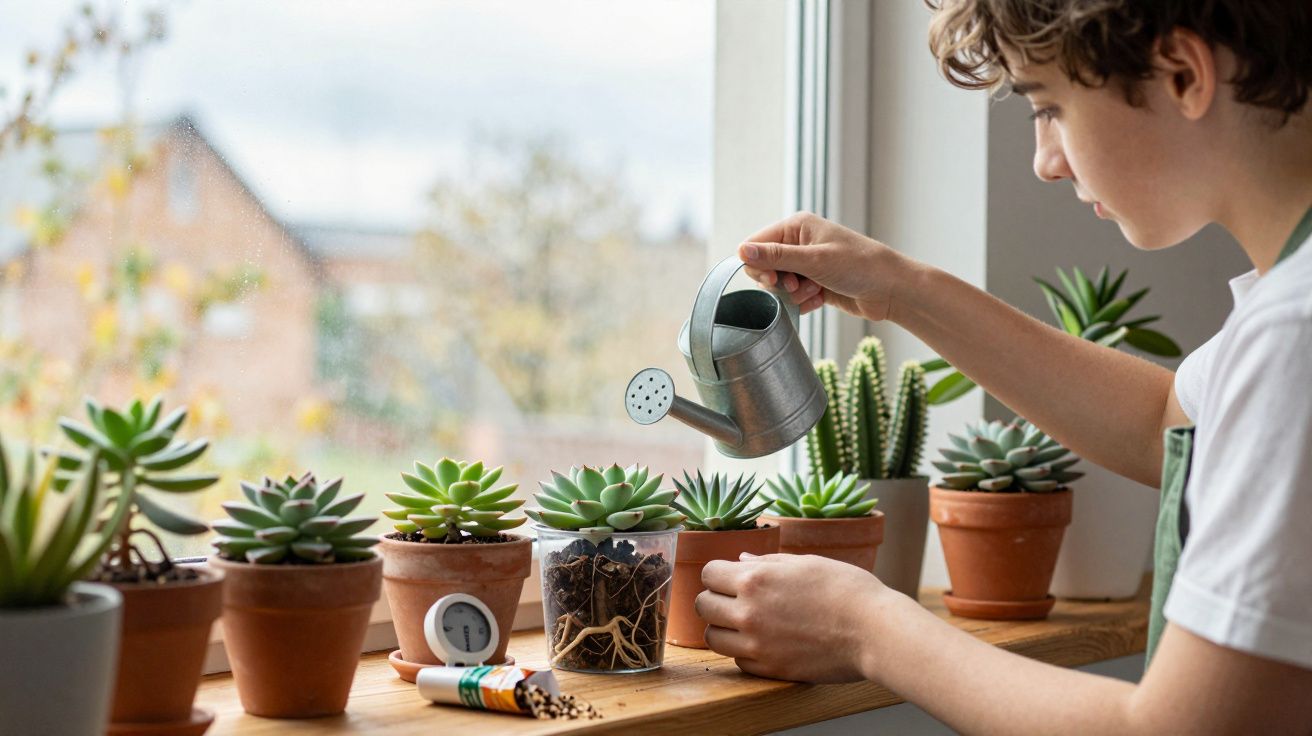 Pessoa regando suculentas e cactos em vasos de barro e plástico em um parapeito de janela.