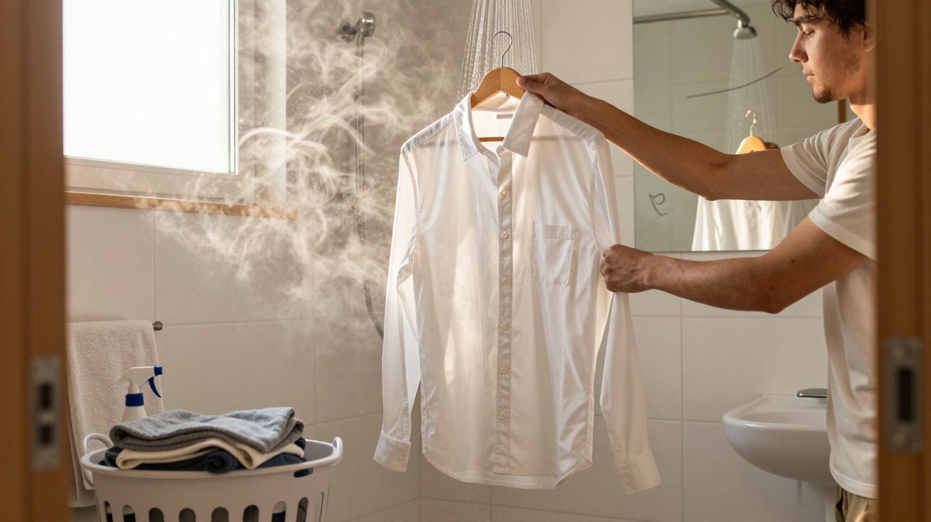Homem usando vapor para passar uma camisa branca pendurada em cabide em banheiro iluminado.