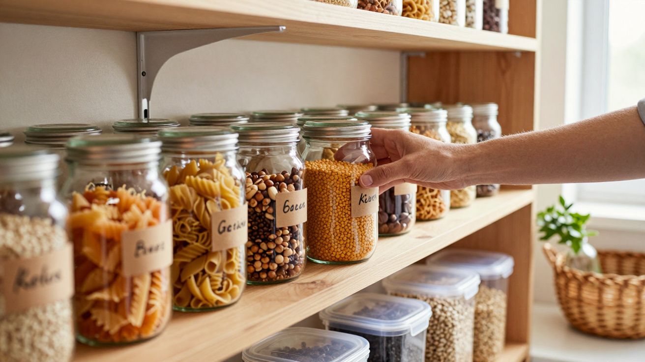 Prateleira de madeira com potes de vidro contendo diferentes tipos de grãos e massas, mão pegando um pote.