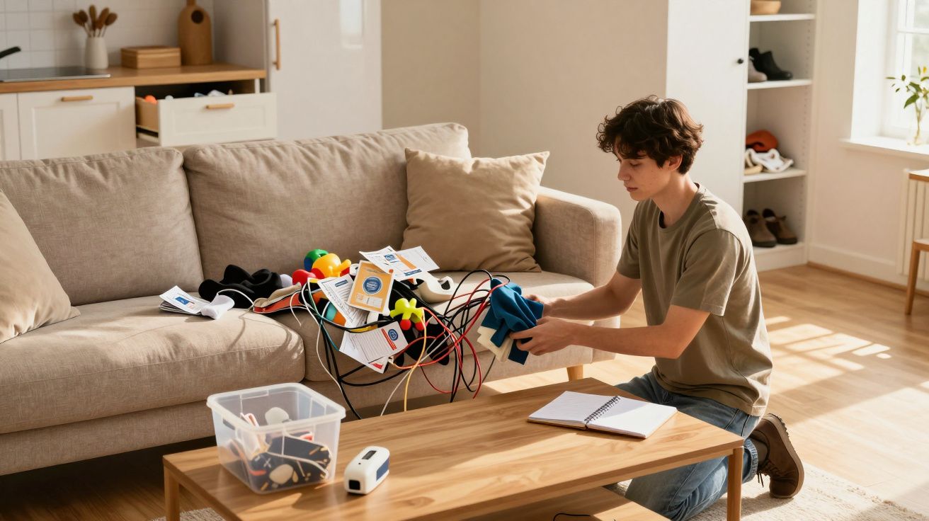 Jovem ajoelhado organizando roupas e objetos do sofá em sala iluminada por luz natural.