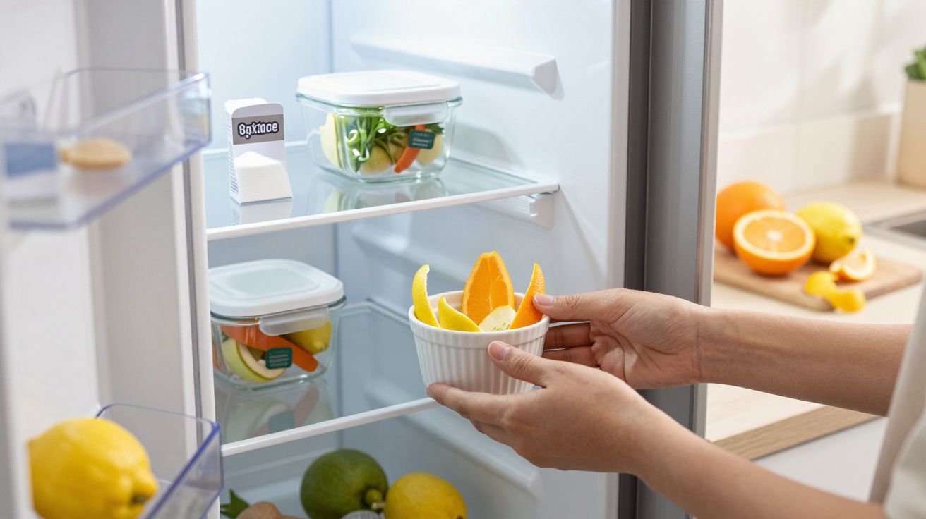 Mãos segurando tigela com cascas de frutas dentro de geladeira com potes e frutas frescas.