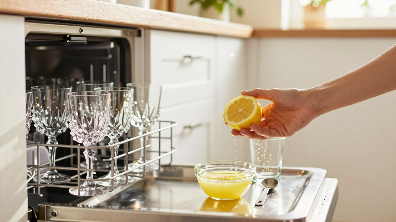 Mão espremendo meio limão sobre tigela com líquido amarelo em bancada próxima a lava-louças e taças de vidro.
