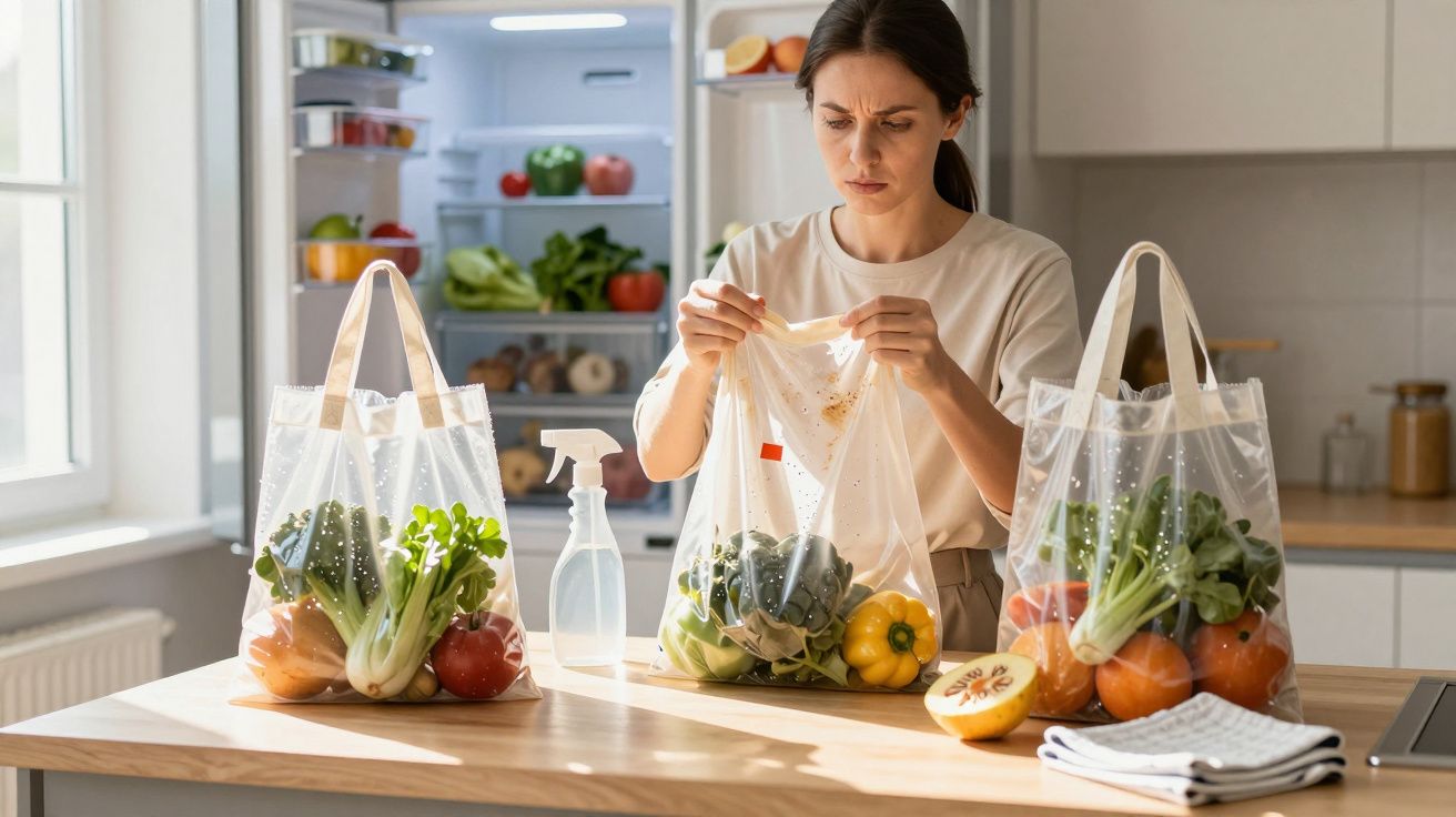 Mulher inspecionando sacola plástica com vegetais na cozinha, com sacolas e comida na bancada.