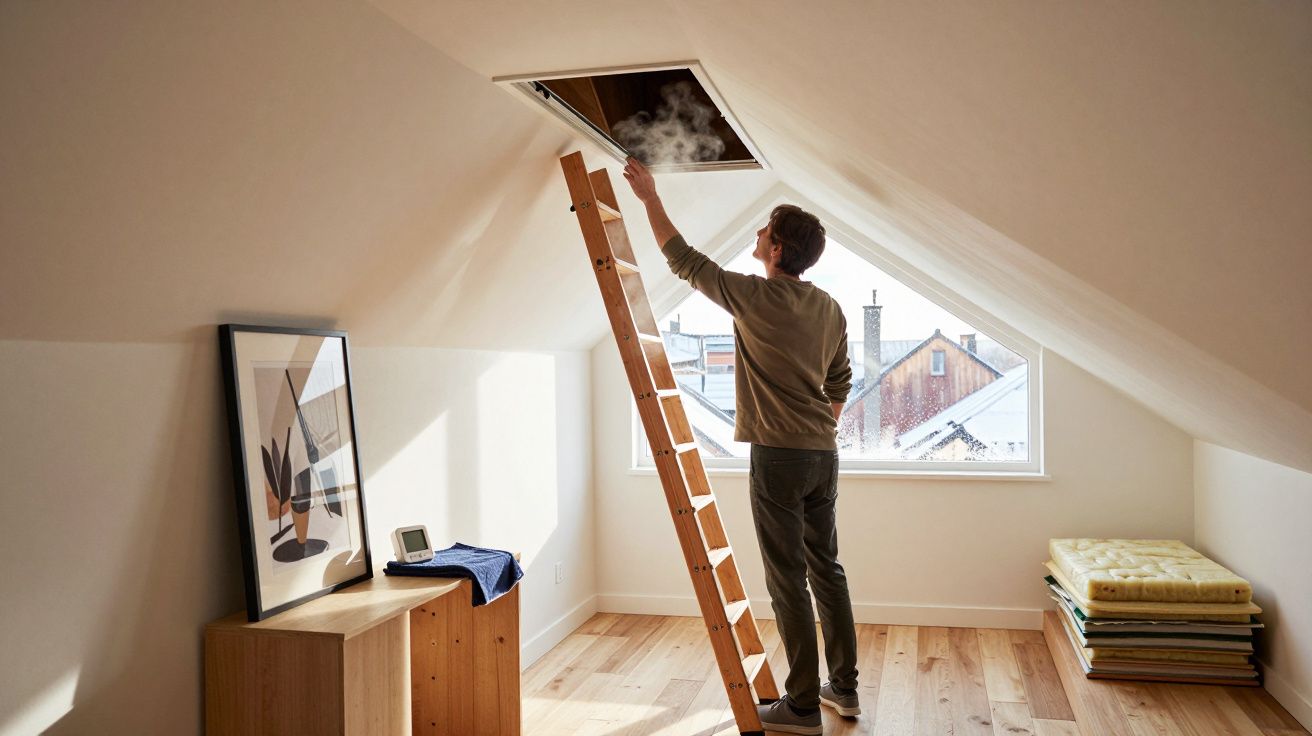 Homem subindo escada até sótão com fumaça saindo, em quarto iluminado com janela e móveis simples.