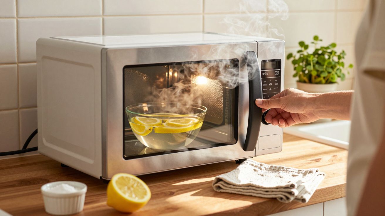 Micro-ondas com vidro contendo água e rodelas de limão sendo aquecida em bancada de cozinha.