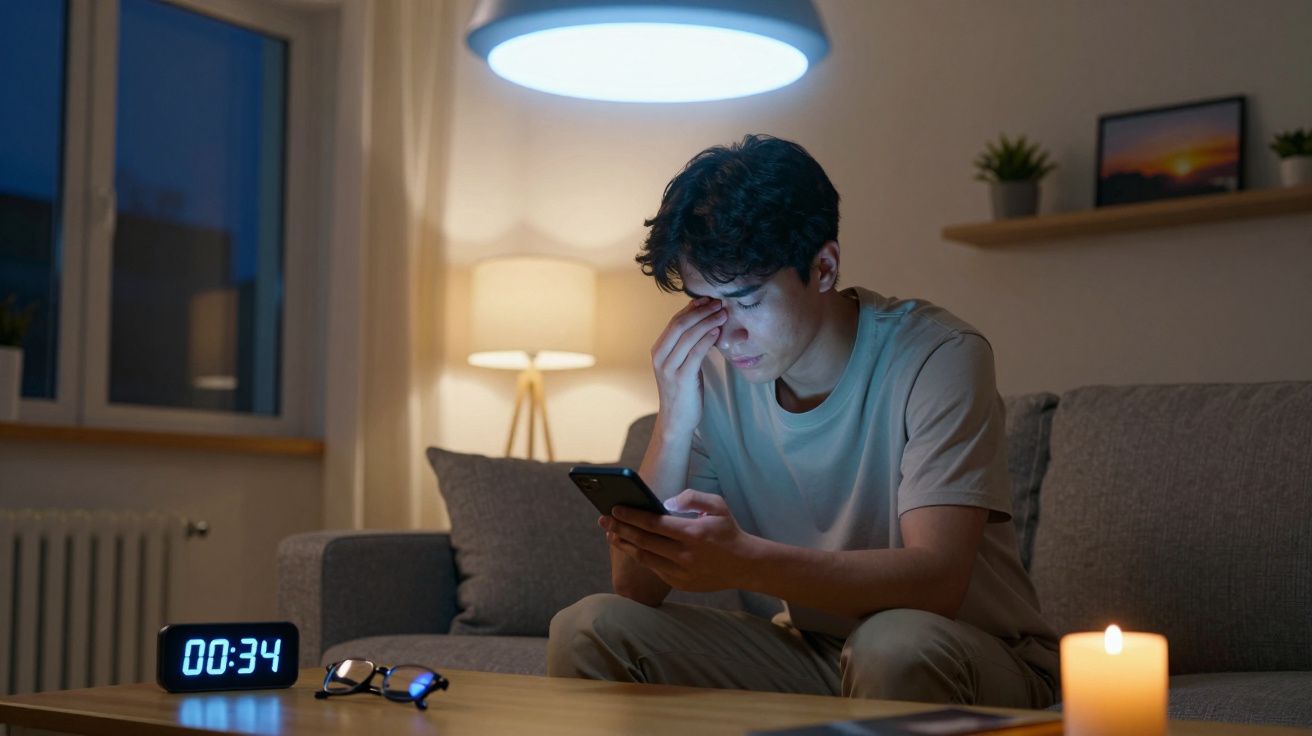 Jovem sentado no sofá olhando o celular à noite com expressão cansada e relógio marcando 00:34.