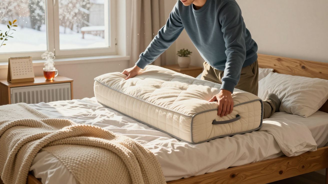 Pessoa colocando colchonete dobrável sobre cama em ambiente com decoração aconchegante e luz natural.