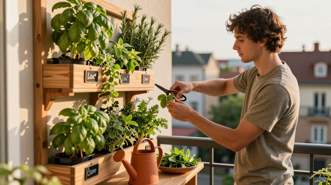 Jovem cuidando de plantas em vaso em uma varanda com painel de madeira e regador.