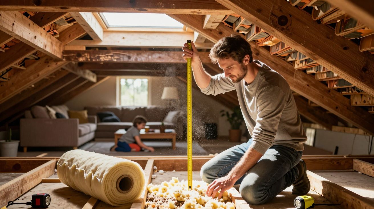Homem medindo isolamento térmico no sótão de uma casa enquanto criança brinca ao fundo.