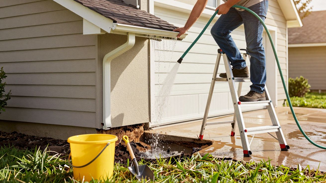 Pessoa em escada lavando a calha de uma casa com mangueira em área externa ensolarada.