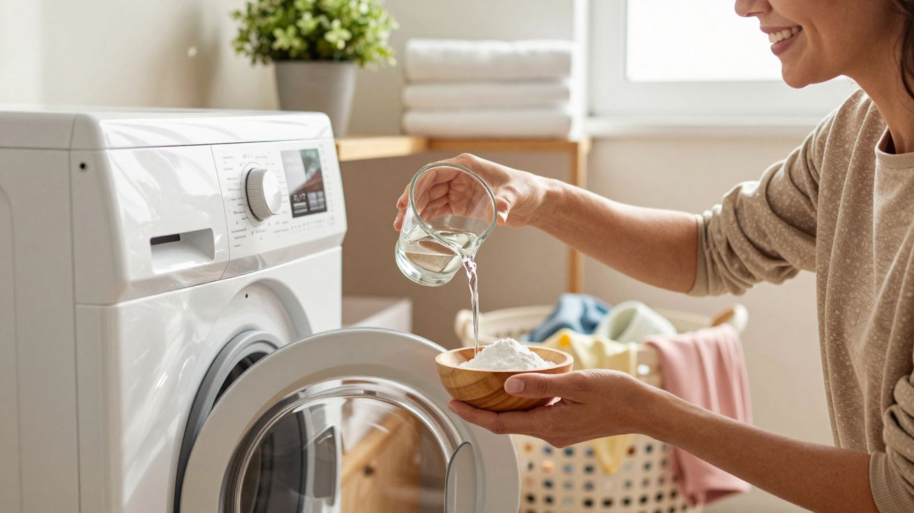 Mulher derramando líquido em pó para lavar roupa dentro da lavadora em lavanderia iluminada.
