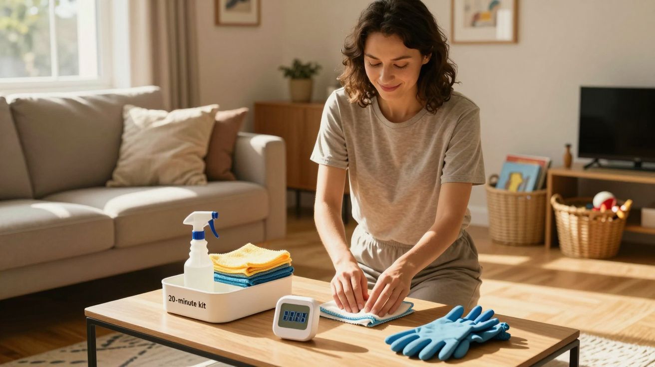 Mulher organizando pano de limpeza em sala iluminada, com luvas azuis e spray sobre a mesa.
