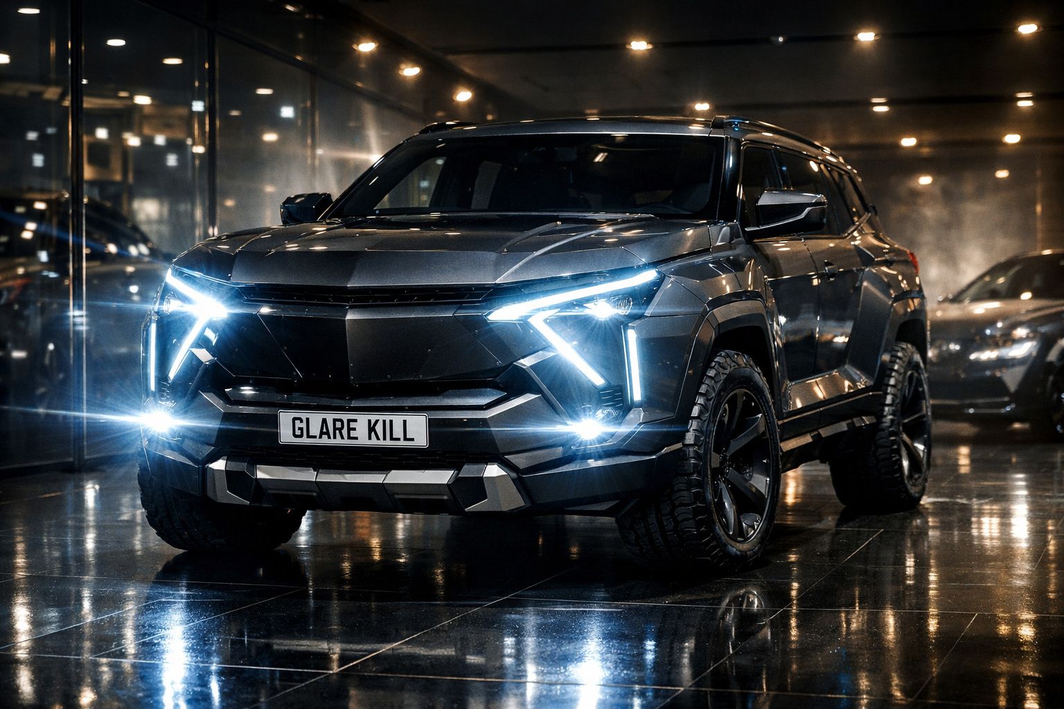 SUV preto com faróis LED acesos em ambiente interno e placa personalizada com texto "GLARE KILL".